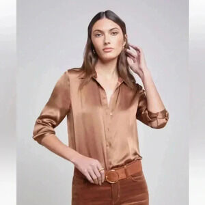 Maison D’Amelie women’s long sleeve button down shirt brown satin sz small used